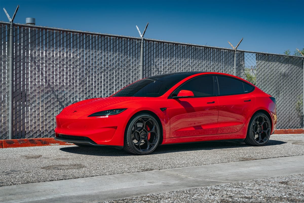 Bright Red 2024 Tesla Model 3 Performance 20 inch UP-05 Wheels in Gloss Black