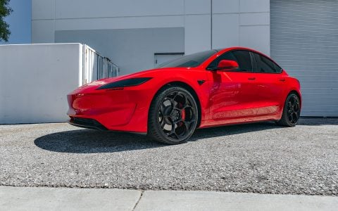 Bright Red 2024 Tesla Model 3 Performance 20 inch UP-05 Wheels in Gloss Black