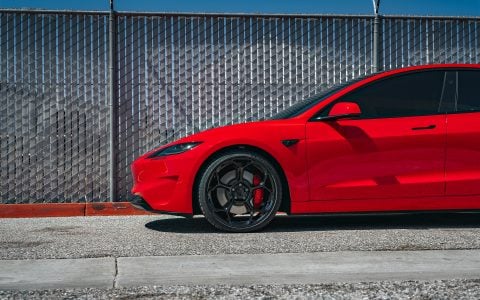 Bright Red 2024 Tesla Model 3 Performance 20 inch UP-05 Wheels in Gloss Black