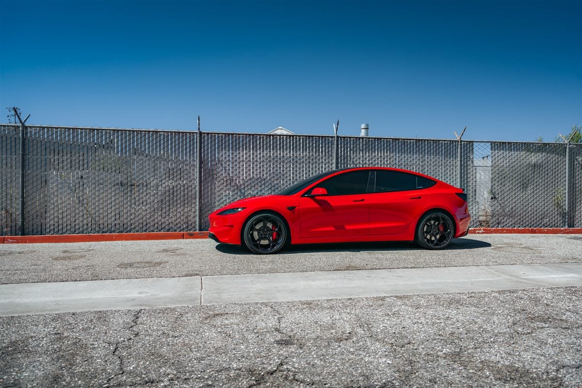 Bright Red 2024 Tesla Model 3 Performance 20 inch UP-05 Wheels in Gloss Black