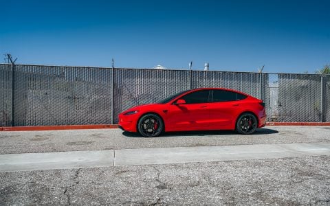 Bright Red 2024 Tesla Model 3 Performance 20 inch UP-05 Wheels in Gloss Black