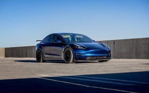 Blue Tesla Model 3 - Carbon Fiber Fenders, Front Lip Spoiler, UP-03 Aftermarket Wheels (4)