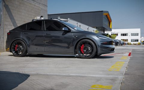 Stealth Gray Tesla Model Y Juniper on 21-Inch UP Forged UP-03 Wheels in Satin Black