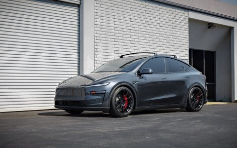 Stealth Gray Tesla Model Y Juniper on 21-Inch UP Forged UP-03 Wheels in Satin Black