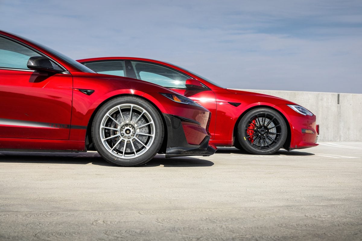 Red Mica Tesla Model S Plaid & Ultra Red Tesla Model 3 Performance Highland Track Builds –  UP-03 Forged Race Wheels