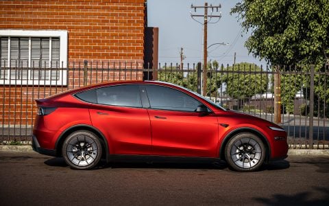 2026 Satin Red Tesla Model Y Juniper on 20 Inch UP Forged UP-RW Road Warrior Wheels