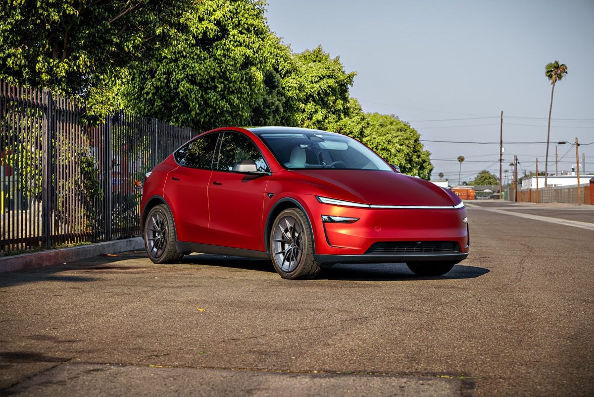 2026 Satin Red Tesla Model Y Juniper on 20 Inch UP Forged UP-RW Road Warrior Wheels
