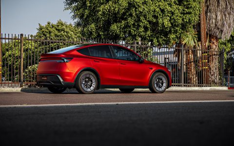 2026 Satin Red Tesla Model Y Juniper on 20 Inch UP Forged UP-RW Road Warrior Wheels