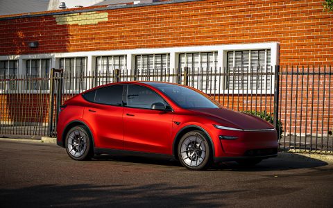 Satin Red Tesla Model Y Juniper on Forged UP-RW Road Warrior Wheel by Unplugged Performance 1920px (2)