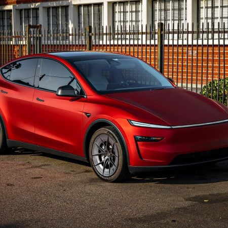 2026 Satin Red Tesla Model Y Juniper on 20 Inch UP Forged UP-RW Road Warrior Wheels