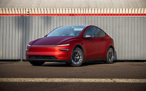 2026 Satin Red Tesla Model Y Juniper on 20 Inch UP Forged UP-RW Road Warrior Wheels