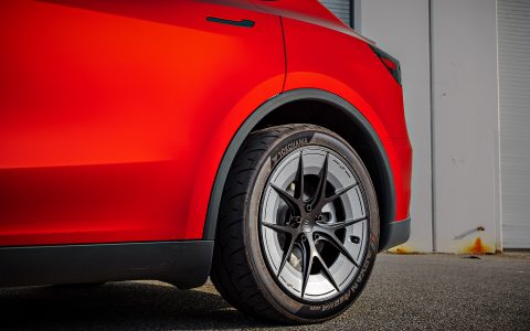 2026 Satin Red Tesla Model Y Juniper on 20 Inch UP Forged UP-RW Road Warrior Wheels