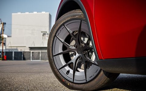 2026 Satin Red Tesla Model Y Juniper on 20 Inch UP Forged UP-RW Road Warrior Wheels