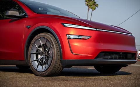 2026 Satin Red Tesla Model Y Juniper on 20 Inch UP Forged UP-RW Road Warrior Wheels