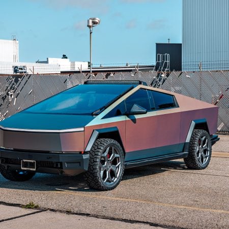 CYBERODYSSEY Holographic Wrapped Tesla Cybertruck on UP Forged CYBRSPOKE Wheels in Satin Titanium