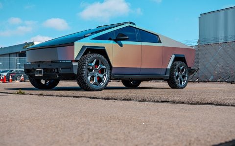 CYBERODYSSEY Holographic Wrapped Tesla Cybertruck on UP Forged CYBRSPOKE Wheels in Satin Titanium