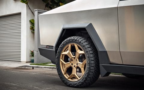 Stainless Steel Tesla Cybertruck on 24-Inch UP Forged CYBRSPOKE in Satin Bronze
