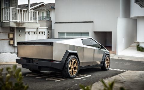 Stainless Steel Tesla Cybertruck on 24-Inch UP Forged CYBRSPOKE in Satin Bronze