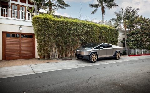 Stainless Steel Tesla Cybertruck on 24-Inch UP Forged CYBRSPOKE in Satin Bronze