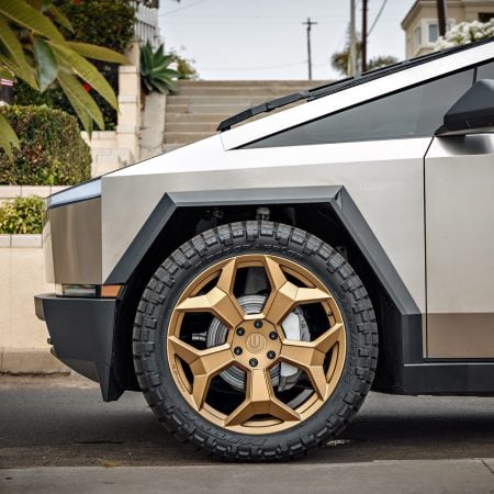 Stainless Steel Tesla Cybertruck on 24-Inch UP Forged CYBRSPOKE in Satin Bronze
