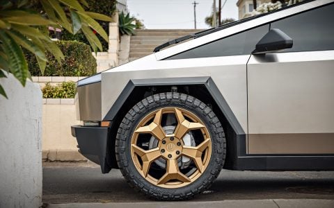 Stainless Steel Tesla Cybertruck on 24-Inch UP Forged CYBRSPOKE in Satin Bronze