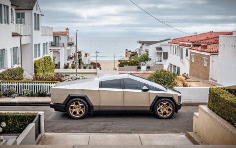Stainless Steel Tesla Cybertruck on 24-Inch UP Forged CYBRSPOKE in Satin Bronze