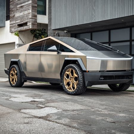 Stainless Steel Tesla Cybertruck on 24-Inch UP Forged CYBRSPOKE in Satin Bronze