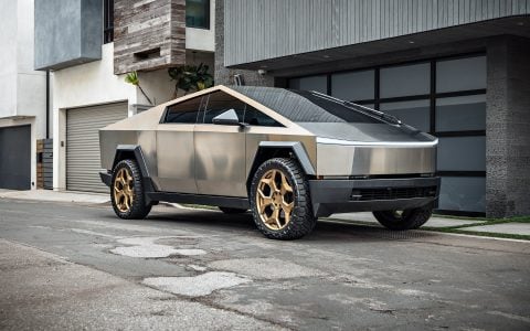 Stainless Steel Tesla Cybertruck on 24-Inch UP Forged CYBRSPOKE in Satin Bronze