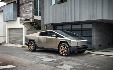 Stainless Steel Tesla Cybertruck on 24-Inch UP Forged CYBRSPOKE in Satin Bronze