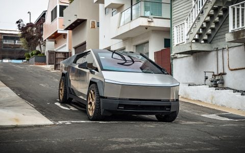 Stainless Steel Tesla Cybertruck on 24-Inch UP Forged CYBRSPOKE in Satin Bronze