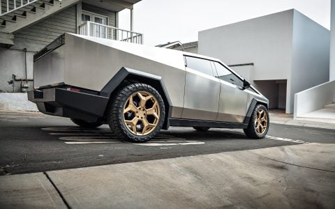 Stainless Steel Tesla Cybertruck on 24-Inch UP Forged CYBRSPOKE in Satin Bronze
