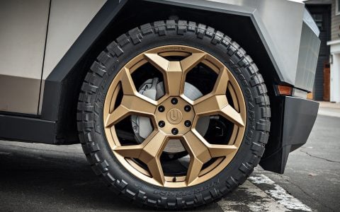 Stainless Steel Tesla Cybertruck on 24-Inch UP Forged CYBRSPOKE in Satin Bronze