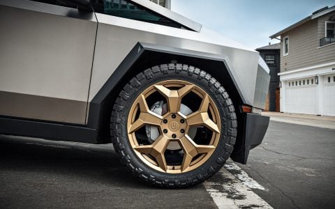 Stainless Steel Tesla Cybertruck on 24-Inch UP Forged CYBRSPOKE in Satin Bronze