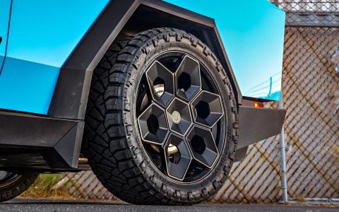 Gloss Sky Blue Wrapped Tesla Cybertruck on 24 inch CYBRHEX wheels in Satin Black