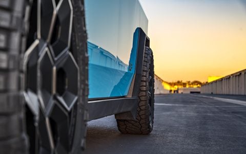 Gloss Sky Blue Wrapped Tesla Cybertruck on 24 inch CYBRHEX wheels in Satin Black