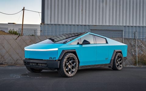 Gloss Sky Blue Wrapped Tesla Cybertruck on 24 inch CYBRHEX wheels in Satin Black