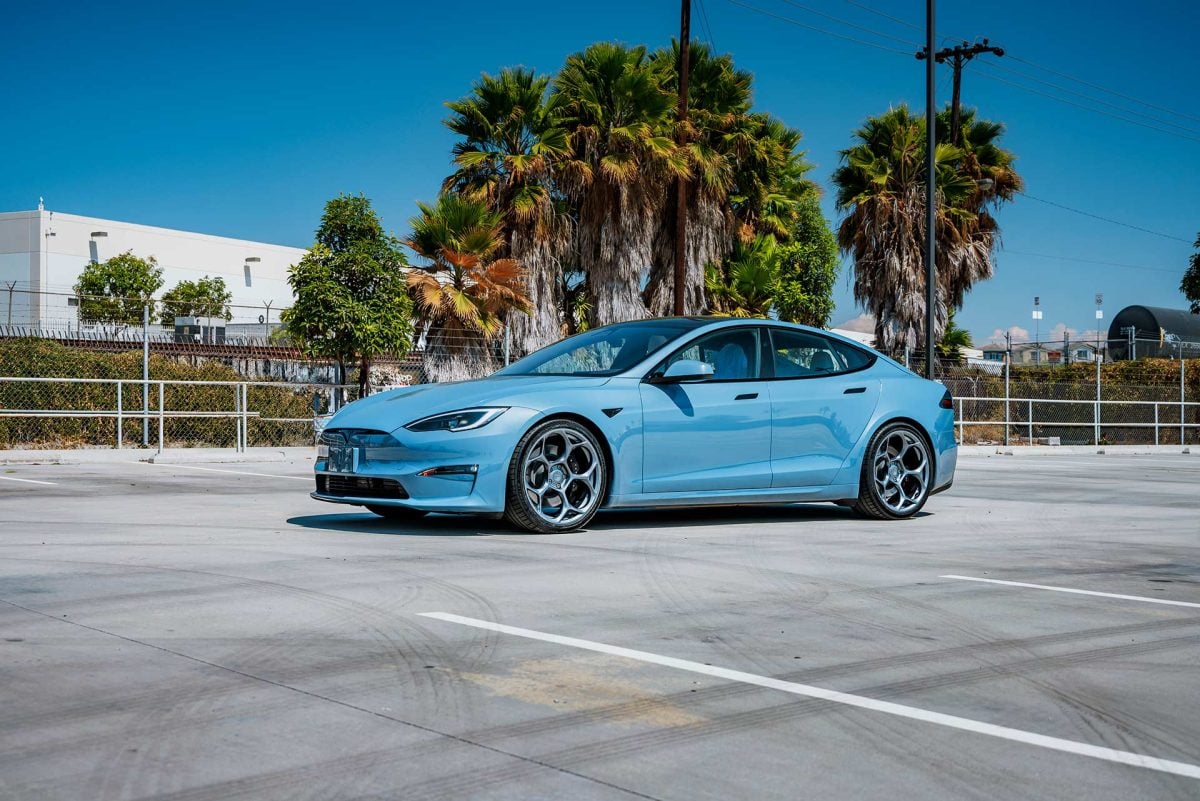 Frost Blue Metallic Tesla Model S with UP Forged UP-05 Satin Titanium Wheels