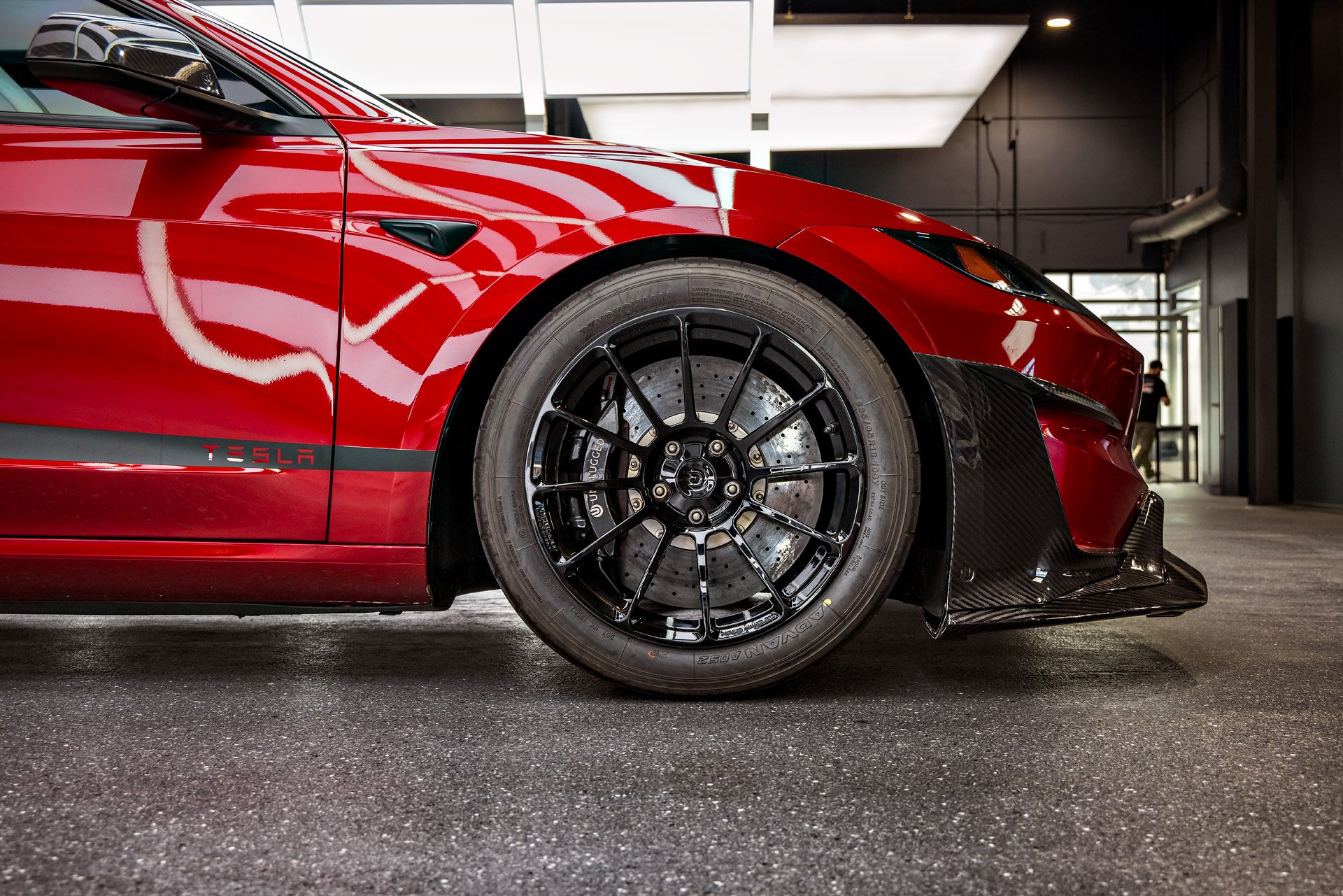 Red Rocket: 2024+ Tesla Model 3 Performance Tuning Program By Unplugged Performance 4 Red Rocket 2024 Tesla Model 3 Performance with Carbon Fiber Aero Kit on UP Forged UP-03 Wheels in Gloss Black