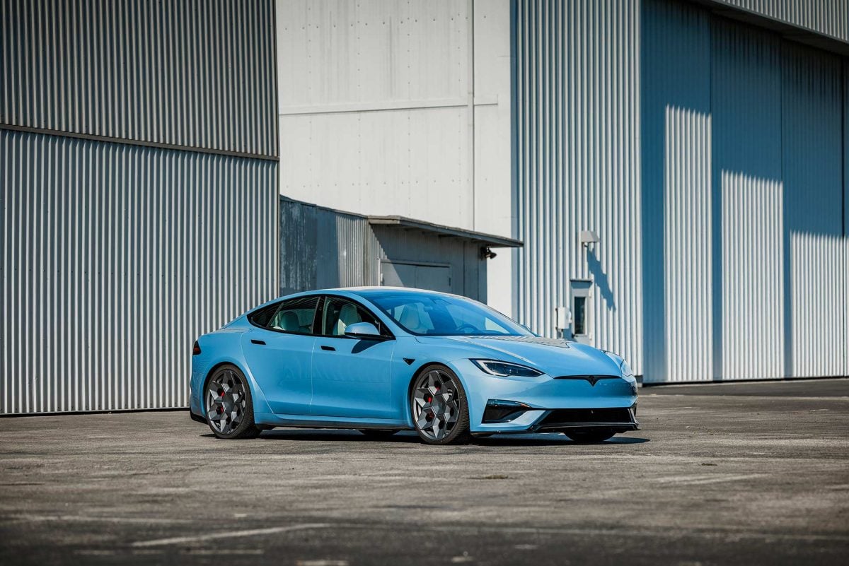 Frost Blue Metallic Tesla Model S Plaid with UP Forged CYBRHEX Satin Titanium Wheels