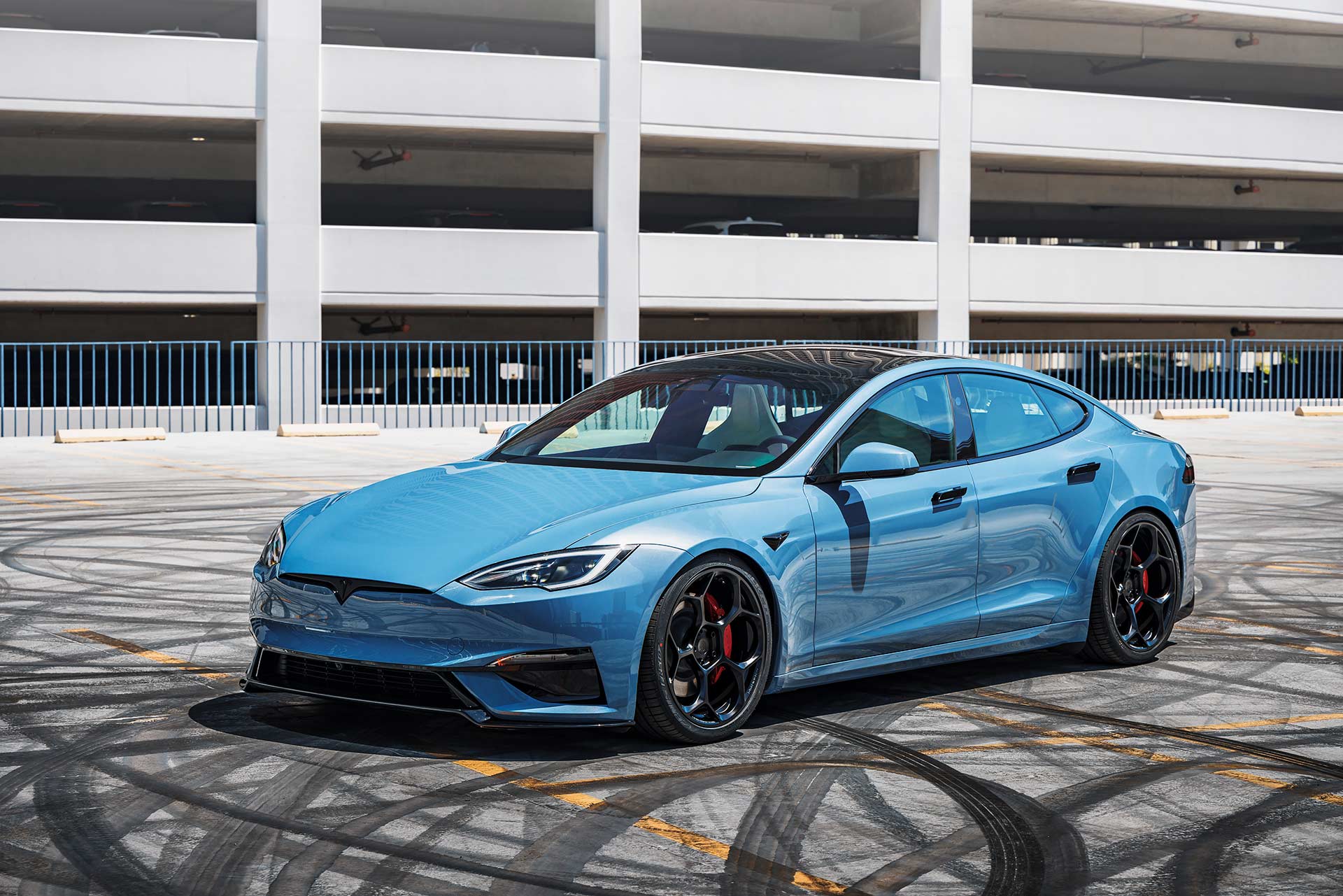 Frost Blue Metallic Tesla Model S Plaid with UP Forged UP-05 Satin Black Wheels