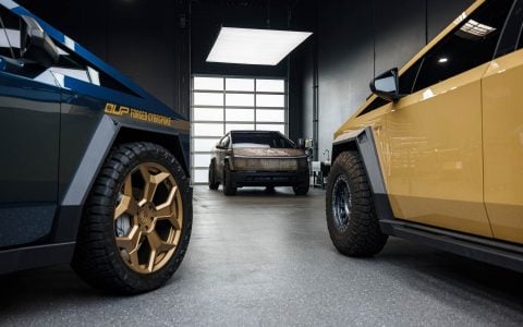 DennisCW's Agua Blue Wrapped Tesla Cybertruck, Dune Wrapped Cybertruck and Salomondrin's Cybertruck welcome guests at the First-Ever Open House at UP Headquarters.