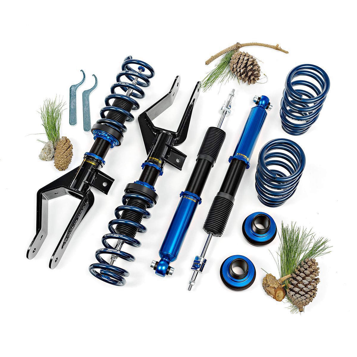 Coilovers, lowering springs, sway bars, camber arms, toe arms