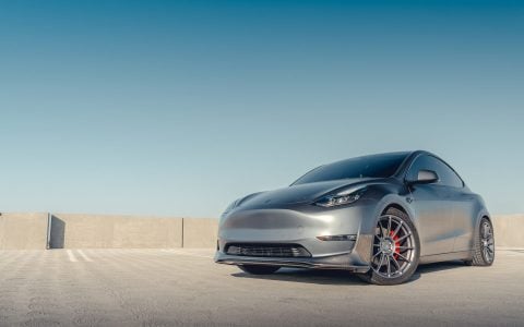 Gray Tesla Model Y - Front Lip Spoiler And UP-03 Wheels In Satin Titanium