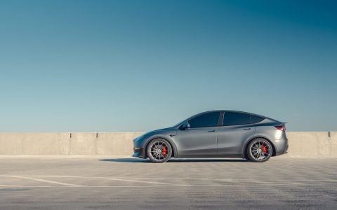 Gray Tesla Model Y - Front Lip Spoiler And UP-03 Wheels In Satin Titanium