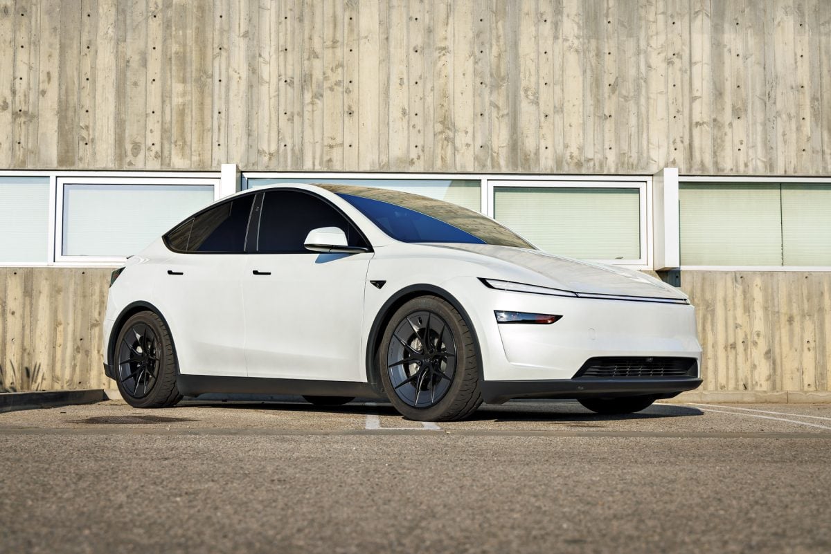 White Lowered Tesla Model Y Juniper on UP Forged UP-RW Road Warrior Wheels