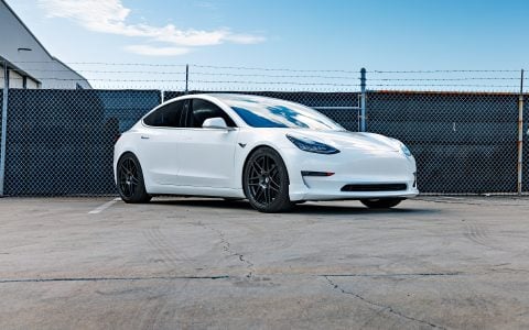 White Tesla Model 3 with 20 inch UP x BBS Flugplatz Wheels and UP Front Lip Spoiler
